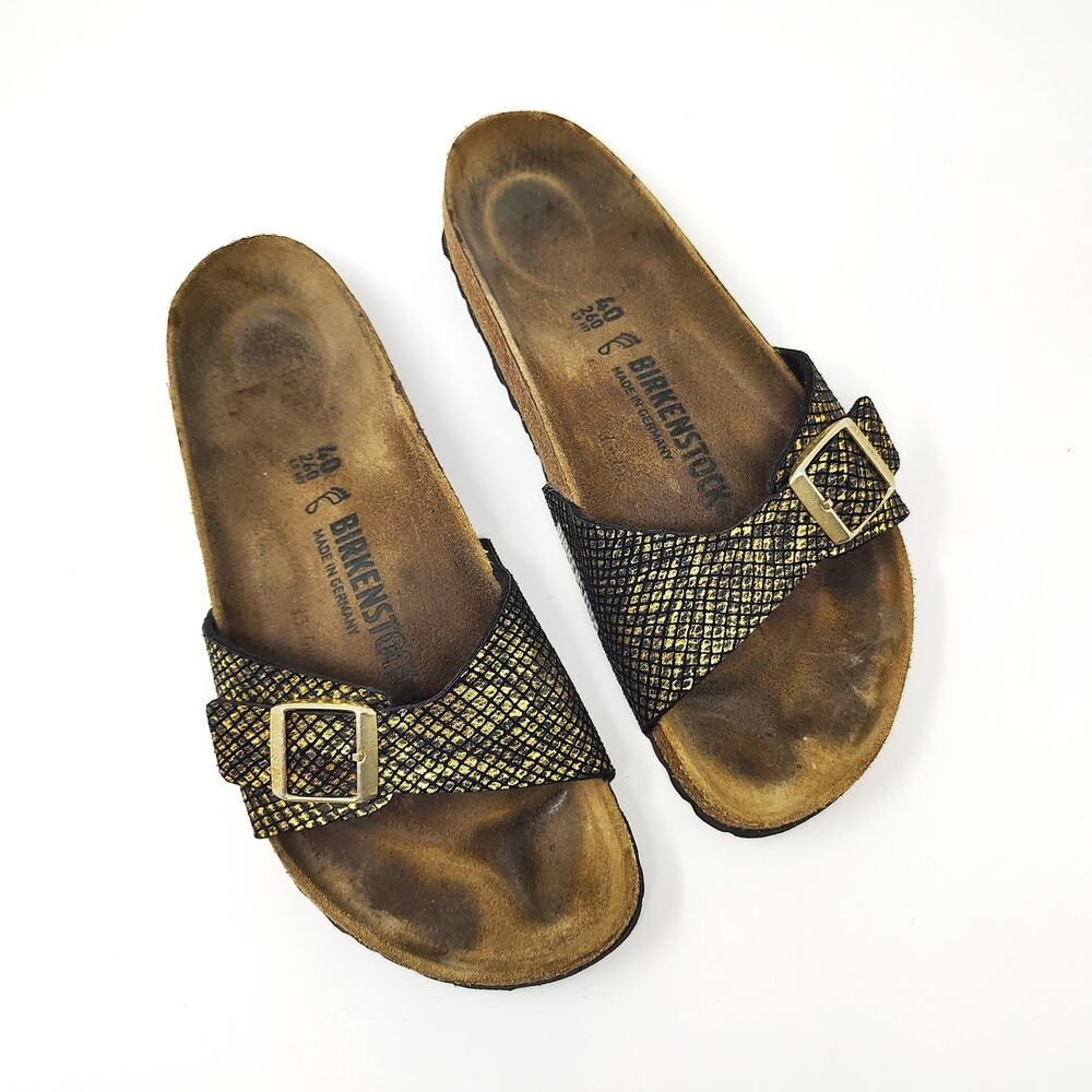 Birkenstock Sandals Womens 9 Madrid Micro Fibre Black Shiny Python Gold Slides